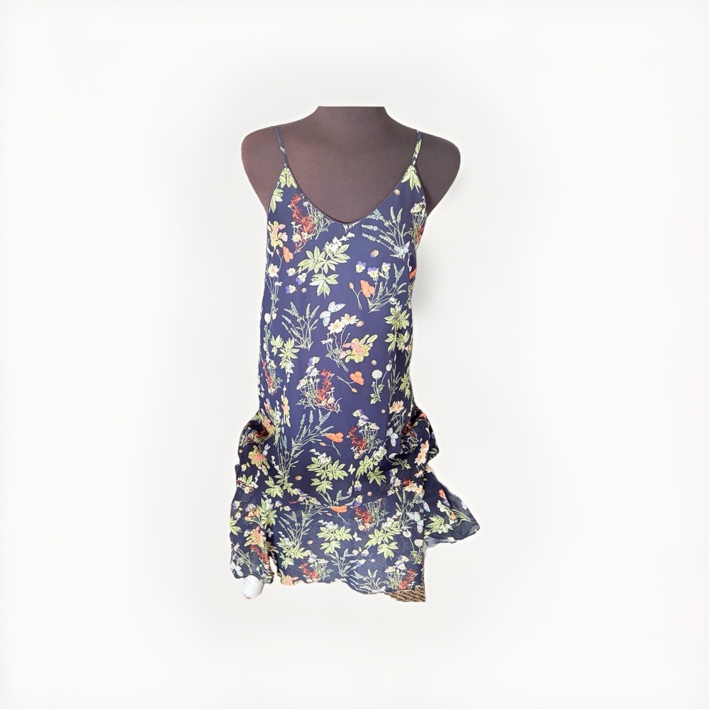 Womens Navy Blue Blooming Bouquet Floral Print V-neck Slip Dress Sz‎ S
